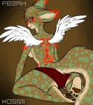 anthro biped breasts camel_toe clothed clothing feathered_wings feathers female kneeling looking_at_viewer side_boob solo tail topless wings kosmikophobia unknown_species 2010