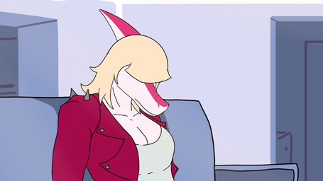 anthro blonde_hair bone_frill breasts clothed clothed_anthro clothed_female clothing detailed_background female frill_(anatomy) frown furniture hair hair_over_eyes inside jacket long_hair medium_breasts non-mammal_breasts open_clothing open_jacket open_topwear pink_body red_clothing red_jacket red_topwear shirt sitting sofa solo topwear white_body white_clothing white_shirt white_topwear sebek_fereh_ra cavemanon_studios i_wani_hug_that_gator mia_moretti dinosaur hadrosaurid ornithischian ornithopod parasaurolophus prehistoric_species reptile scalie 16:9 colored hi_res shaded widescreen