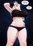 big_breasts bodily_fluids bra breasts camel_toe clothing dialogue female fur genital_outline huge_breasts looking_at_viewer midriff pussy_outline red_eyes solo speech_bubble sports_bra sportswear sweat sweatdrop talking_to_viewer text under_boob underwear white_body white_fur tohilewd undertale_(series) toriel bovid caprine goat humanoid mammal absurd_res english_text hi_res