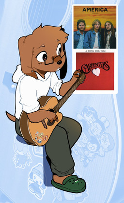 acoustic_guitar anthro bottomwear brown_body brown_ears brown_fur brown_hair brown_tail clothed clothed_anthro clothed_male clothing ear_piercing eyewear fingers footwear front_view fur gauged_ear glasses guitar hair holding_guitar holding_musical_instrument holding_object hoodie male male_anthro musical_instrument pants piercing plucked_string_instrument rectangular_glasses sitting solo sticker string_instrument tail topwear tuning wearing_glasses white_clothing white_hoodie white_sclera white_topwear conditional_dnp sonokido a_song_for_you_(the_carpenters_album) america_(band) crocs homecoming_(america_album) parappa_the_rapper sony_corporation sony_interactive_entertainment the_carpenters inukido_(sonokido) canid canine canis domestic_dog mammal 2025 digital_media_(artwork) english_description full-length_portrait hi_res portrait