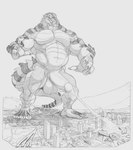 abs anthro balls biceps bodily_fluids city cum cumshot destruction ejaculation genital_fluids genitals giga hands-free landscape_dwarfing macro male muscular muscular_anthro muscular_male pecs penis solo spontaneous_ejaculation tail perenthis carnak_(carpo) crocodile crocodilian reptile scalie hi_res monochrome