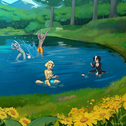 3_toes 4_fingers anthro clothed clothing day feet fingers group male nature outside swimming_trunks swimwear toes topless topless_male water young young_anthro diacordst paw_patrol rex_(paw_patrol) rocky_(paw_patrol) tuck_(paw_patrol) zuma_(paw_patrol) bernese_mountain_dog bird_dog canid canine canis domestic_dog golden_retriever hunting_dog labrador mammal mixed_breed molosser mountain_dog retriever swiss_mountain_dog 1:1 absurd_res hi_res