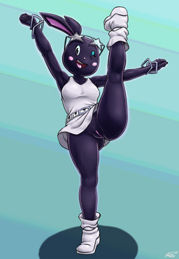 anthro black_body blush bottomless breasts clothed clothing dress eyewear female genitals looking_at_viewer nude one_eye_closed open_mouth smile solo spread_legs spreading star_sunglasses sunglasses vulva wink revtilian sr lagomorph leporid mammal rabbit 2025 absurd_res hi_res