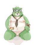 anthro belly big_belly black_nose blush green_body green_eyes kemono male moobs navel necktie nipples overweight overweight_male simple_background solo tengzai05 bear mammal 2023 hi_res