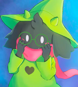 2_horns anthro black_body black_fur blue_background clothed clothed_anthro clothing eyewear floppy_ears fully_clothed fully_clothed_anthro fur glasses green_clothing green_eyewear green_glasses green_topwear hat headgear headwear heart_clothing heart_symbol horn lop_ears male pink_scarf round_glasses scarf simple_background simple_eyes solo topwear wizard_hat lico_(artist) deltarune undertale_(series) ralsei bovid caprine goat mammal 2021 half-length_portrait portrait