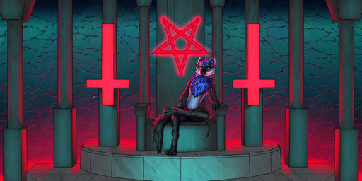 anthro antichrist bottomwear chair clothed clothing cross furniture glowing inside inverted_cross looking_at_viewer male male_anthro pants satanic satanism sitting solo throne topless topless_anthro topless_male sanythefox kiran_(-kiran-) canid canine canis mammal rexouium wolf 2:1 absurd_res digital_media_(artwork) hi_res