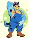 abstract_background anthro areola armpit_hair barazoku bedroom_eyes belly belly_overhang biceps big_muscles bodily_fluids body_hair boots border bottomwear clothed clothing eyebrows footwear fur green_background hand_behind_head huge_muscles looking_at_viewer male musclegut muscular muscular_anthro muscular_male musk musk_clouds narrowed_eyes nipples oil overalls overalls_only overweight overweight_anthro overweight_male pecs seductive shoes simple_background smile solo standing sweat teeth thick_arms topless topless_anthro topless_male torn_bottomwear torn_clothing torn_overalls tuft white_border malyrn_(artist) bluey_(series) bandit_heeler australian_cattle_dog canid canine canis cattledog domestic_dog herding_dog mammal pastoral_dog 2025 hi_res