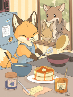 ambiguous_gender appliance apron blue_clothing brown_body brown_fur clothing container cooking detailed_background eyes_closed feral food fur grey_body group honey_(food) inside jar kitchen_appliance kitchen_utensils licking licking_lips lips orange_body orange_fur pancake text tongue tongue_out tools fusau canid canine deer fox lagomorph leporid mammal rabbit 2026 absurd_res detailed english_text hi_res