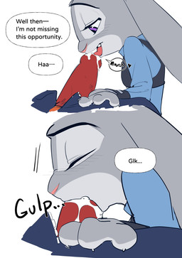 animal_genitalia animal_penis anthro anthro_on_anthro canine_genitalia canine_penis clothed clothing dialogue duo erection faceless_character faceless_male fellatio female fur genitals grey_body grey_fur heart_symbol interspecies male oral oral_penetration penetration penile penis penis_in_mouth police police_uniform predator/prey purple_eyes sex speech_bubble teeth text tongue topwear uniform butterfish8199 disney zootopia judy_hopps nick_wilde canid canine fox lagomorph leporid mammal rabbit absurd_res english_text hi_res