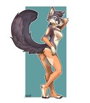 5_fingers :3 ankle_tuft anthro arm_tuft biped black_tail brown_pawpads butt butt_pose cheek_tuft facial_tuft female fingers fluffy fluffy_tail fur humanoid_hands inner_ear_fluff leg_tuft long_tail multicolored_body nude orange_body orange_fur pawpads plantigrade pose shoulder_tuft smile solo standing striped_body striped_fur stripes tail tan_body tan_fur tuft whiskers tatujapa harper_(nicnak044) canid canine canis fox island_fox mammal urocyon hi_res pinup