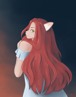 anthro clothed clothing dress female green_eyes hair long_hair looking_at_viewer looking_back rear_view red_hair simple_background sky smile solo sunset vammatar domestic_cat felid feline felis mammal digital_media_(artwork) hi_res