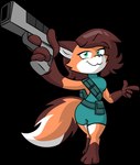 anthro bottomwear brown_body brown_fur brown_hair clothing female fluffy fluffy_tail fur green_eyes hair laser_gun orange_body orange_fur ranged_weapon shirt shorts smile solo tail topwear weapon white_body white_fur jeffkyler14 macy canid canine fox mammal alpha_channel hi_res