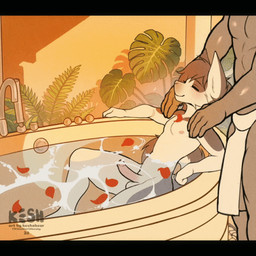 animal_genitalia animal_penis anthro anthro_on_anthro balls bath bathtub becoming_erect big_balls duo equine_genitalia equine_penis erection eyes_closed femboy genitals larger_anthro larger_male male male/male male_anthro massage muscular nipples nude penis plant sheath size_difference smaller_anthro smaller_male vein veiny_penis keshabear selen_(trix_avenda) canid canine canis domestic_dog equid equine horse mammal 1:1 2d_animation animated low_res warm_colors