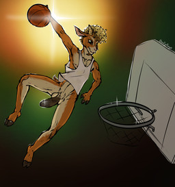 3_fingers anthro athletic athletic_anthro athletic_male ball balls barefoot basket basketball_(ball) basketball_hoop black_penis blonde_hair bottomless bottomless_anthro bottomless_male brown_glans brown_penis clothed clothing container facial_hair feet fingers genitals glans glistening glistening_eyes goatee hair hooves horn humanoid_genitalia humanoid_penis jumping male nipples penis shirt slim slim_anthro slim_male solo tan_balls tank_top topwear bootyforge goat_(movie) sony_corporation sony_pictures will_harris bovid caprine goat mammal hi_res
