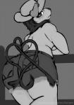 2019 anthro blush bovid bovine breasts butt clothed clothing crossgender female generation_1_pokemon hat headgear headwear heart_symbol hi_res horn looking_at_viewer looking_back mammal monochrome multi_tail muscular muscular_anthro muscular_female nintendo pokemon pokemon_(species) pokemorph simple_background solo standing tail tauros thick_thighs topless visionaryserpent wide_hips