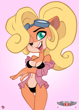 anthro bare_shoulders bikini black_bikini black_clothing black_swimwear blonde_hair breasts clothed clothing eyewear eyewear_on_head female goggles goggles_on_head hair long_hair off_shoulder one_eye_closed open_mouth open_smile ponytail simple_background smile solo swimwear teeth tongue two-piece_swimsuit wink phillipthe2 roger_bacon third-party_edit activision crash_bandicoot_(series) coco_bandicoot bandicoot mammal marsupial colored hi_res signature