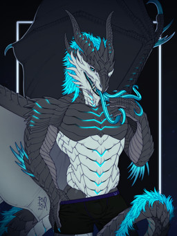 anthro black_bottomwear black_clothing blue_eyes blue_hair bottomwear bulge clothed clothing front_view glistening glistening_eyes grey_body grey_horn grey_scales grey_wings hair horn long_tongue looking_at_viewer male male_anthro membrane_(anatomy) membranous_wings multi_tongue open_mouth scales solo tongue tongue_out topless undressing white_body white_scales wings riorix mythology dragon mythological_creature mythological_scalie scalie 2025 dated hi_res