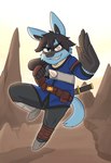 action_pose anthro blue_body blue_fur clothed clothed_anthro clothed_male clothing detailed_background fighting_pose foreshortening fully_clothed fur looking_at_viewer male pose scar tail crushpepper nintendo pokemon iroh_(irohcards) generation_4_pokemon lucario pokemon_(species) digital_drawing_(artwork) digital_media_(artwork) hi_res