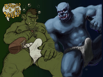 abs alcohol asian_clothing beverage biceps big_muscles blue_body blue_skin bulge clothed clothing drunk duo ear_piercing east_asian_clothing erection erection_under_clothing food fundoshi genitals green_body green_skin hairy japanese_clothing male male/male muscular muscular_male nipples overweight pecs penis piercing slightly_chubby substance_intoxication tusks underwear bartol captaingerbear humanoid orc 4:3 artist_collaboration