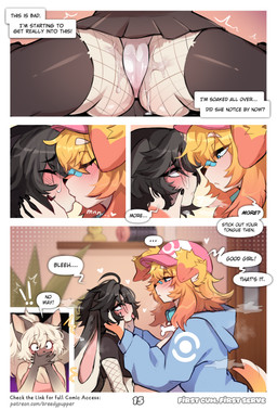 anthro bandage bandage_on_face big_breasts big_ears black_hair blep blue_eyes blush blushing_profusely bodily_fluids breasts brown_eyes camel_toe clothing dialogue ellipsis exclamation_point eyes_closed eyewear female female/female fishnet_clothing fishnet_legwear genital_fluids genitals glasses good_girl hair hands_over_mouth hat headgear headwear heart_symbol hoodie huge_breasts kissing legwear orange_hair panties speech_bubble steam text tongue tongue_out topwear underwear vaginal_fluids vulva breedypupper conditional_dnp nintendo pokemon becca_(breedypupper) blue_(breedypupper) jennie_(breedypupper) canid canine canis domestic_dog felid feline lagomorph leporid mammal rabbit absurd_res comic english_text hi_res signature url