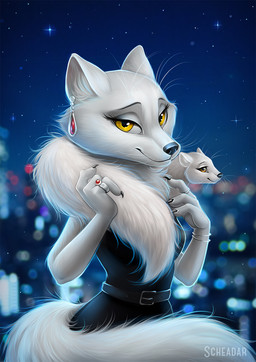 4_fingers ambiguous_gender anthro bangle belt black_claws black_nose bracelet brown_eyes city city_lights claws duo ear_piercing ear_ring female feral fingers fluffy fluffy_tail fur inner_ear_fluff jewelry looking_at_viewer night piercing ring ring_piercing sky smile star starry_sky tail tuft whiskers white_body white_fur yellow_eyes scheadar disney zootopia fan_character arctic_fox canid canine fox mammal mink mustelid musteline true_fox true_musteline hi_res