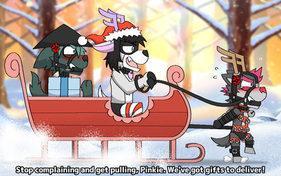 anthro antlers armbinder bdsm bell bell_collar binder_(restraint) bit_gag blush bondage bondage_gear boots bound christmas_clothing christmas_headwear clothing collar fake_antlers fake_horns footwear fur gag grey_body grey_fur group hair harness hat headgear headwear holidays hoof_boots horn humiliation jingle_bell male male/male pink_hair posture_collar purple_antlers reins restraints santa_hat shoes sleigh stomping trio lillyluvmonster christmas milo_(feistyu) canid canine canis deer fennec_fox fox mammal true_fox wolf