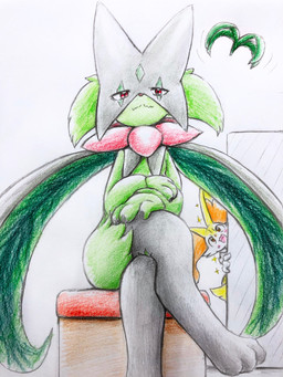 3_fingers ambiguous_anthro ambiguous_gender anthro biped black_body cheek_tuft closed_smile crossed_legs digitigrade duo facial_tuft fingers front_view fur green_body green_fur hip_tuft inner_ear_fluff looking_at_viewer looking_down looking_down_at_viewer mask mouth_closed multicolored_body multicolored_fur narrowed_eyes nude_ambiguous nude_anthro open_mouth open_smile orange_body orange_eyes orange_fur orange_inner_ear_fluff pointy_ears prick_ears red_eyes simple_background sitting smile solo_focus sparkles standing tongue tuft wearing_mask white_body white_fur yellow_body yellow_fur eiroru nintendo pokemon braixen canid felid generation_6_pokemon generation_9_pokemon mammal meowscarada pokemon_(species) 2023 3:4 colored colored_pencil_(artwork) graphite_(artwork) hi_res shaded traditional_media_(artwork)