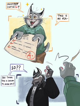 anthro clothing dialogue duo fur grey_body grey_fur hair male open_mouth open_smile smile tail text wooren disney zootopia milton_lynxley pawbert_lynxley canada_lynx felid feline felis lynx mammal 2025 3:4 comic digital_media_(artwork) english_text