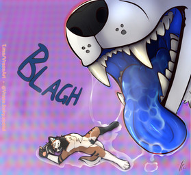 after_vore anthro anthro_pred belly big_belly blue_mouth bodily_fluids claws confusion demonic demonic_eyes dripping duo evil_grin fangs fur glistening grey_body grey_fur horn larger_male larger_pred male male_pred male_prey open_mouth oral_vore pupils red_eyes saliva saliva_on_tongue saliva_string size_difference slit_pupils smile spiral spiral_eyes spitting_out teeth throat tongue tongue_out vore vraze myth_(mythdawuff) canid canine canis demon dire_wolf mammal prehistoric_species wolf wolf_demon absurd_res hi_res