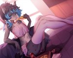 anthro arm_support beverage black_body black_fur black_hair blue_eyes blue_hair bottomwear clothing detailed_background detailed_food dipstick_tail ear_tuft eating eyelashes femboy food fur grey_body grey_fur hair holding_food holding_object holding_pizza inner_ear_fluff legwear male markings multicolored_hair multicolored_tail napkin navel pink_nose pizza ponytail shadow shirt sitting skirt soda solo tail tail_markings tank_top thigh_highs topwear tuft two_tone_hair sakichka reggie_(thenowayout) felid feline lynx mammal detailed