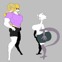 2_horns 2_toes 3_fingers 3_toes anthro big_breasts big_butt big_tail biped blonde_hair bottomwear breasts butt clothed clothed_female clothed_male clothing curled_horn duo feet female female_anthro fingers grey_background hair horn huge_breasts huge_butt hyper hyper_butt larger_male male male_anthro muscular muscular_anthro muscular_male pants ponytail shirt simple_background size_difference smaller_female smile standing tail tight_clothing tight_shirt tight_topwear toes topwear white_body mrerrr2 avian bovid caprine mammal sheep unknown_species 2026 digital_drawing_(artwork) digital_media_(artwork) hi_res