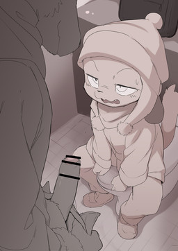 anthro bathroom bent_legs censored_genitalia censored_penis duo erection fangs foreskin genitals half-closed_eyes humanoid_genitalia humanoid_penis male male/male narrowed_eyes nervous open_mouth penis public_restroom restroom_stall sitting tail teeth worried young young_anthro young_male manmosu_marimo convention_pup canid canine canis domestic_dog mammal 2026 censored japanese_description