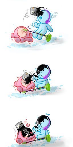 >_< blue_body cleaning_tool dizzy_eyes duo electronics eyes_closed female headphones male mop mopping paint red_body simple_background slipping water wet_floor white_background o_zeroyce eggy_party eggy humanoid absurd_res comic hi_res