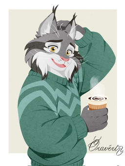 anthro clothing coffee_cup container cup male scratching_head smile smiling_at_viewer solo standing sweater topwear oravert69522 disney zootopia pawbert_lynxley felid feline lynx mammal 3:4 hi_res