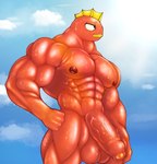 abs anthro balls big_muscles fin fist_on_own_hip foreskin genitals hand_on_hip humanoid_genitalia humanoid_penis lips looking_away male muscular muscular_anthro muscular_male nipples orange_body orange_penis pecs penis sky skyscape solo vein veiny_penis water_drop yellow_lips miasmaaxel epic_games fortnite fish_thicc_(fortnite) fish marine 2023 hi_res