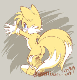 2_tails anthro blue_eyes blush blush_lines butt cheek_tuft clothing facial_tuft footwear gesture gloves grey_background handwear head_tuft looking_at_another looking_away male multi_tail multicolored_body pattern_background rear_view shoes simple_background small_butt solo tail tuft two_tone_body two_tone_tail waving white_body yellow_body young young_anthro chana sega sonic_the_hedgehog_(series) miles_prower canid canine fox mammal 2019 dated signature