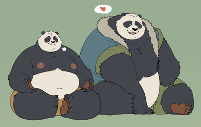4_toes anthro belly big_belly black_body black_nose bottomwear clothing duo eyes_closed feet heart_symbol male mature_male meditation moobs nipples overweight overweight_anthro overweight_male shorts simple_background sitting toes white_body quanjiang dreamworks kung_fu_panda li_shan_(kung_fu_panda) master_po_ping bear giant_panda mammal hi_res