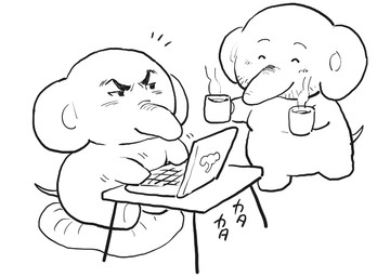 anthro beverage blush chibi coffee computer container cup duo electronics eyes_closed male simple_background sitting slightly_chubby white_background tyabasira0518 elephant elephantid mammal proboscidean 2021 monochrome