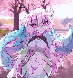 5_fingers accessory ahoge anthro bangs black_nose blush breasts cheek_tuft cherry_blossom cherry_blossom_tree cherry_tree chest_tuft collar collar_only day ear_piercing eyebrows eyelashes facial_tuft featureless_breasts female fingers flower flower_in_hair fruit_tree fur furgonomic_piercing furgonomics hair hair_accessory hairclip horn leaf leaf_ears leaf_tail long_hair long_tail multicolored_body multicolored_fur nude outside piercing pink_collar pink_eyebrows pink_eyes pink_flowers pink_hair plant pose prunus_(flower) raised_eyebrows small_waist smile solo spiked_collar spikes tail tail_piercing thigh_gap tree tuft 3rdperson_iz nintendo pokemon fan_character eeveelution generation_4_pokemon leafeon pokemon_(species) colored digital_drawing_(artwork) digital_media_(artwork) hi_res shaded