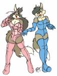 anthro armwear breasts bulge clothed clothing crossdressing duo elbow_gloves gloves gynomorph handwear intersex legwear male thigh_highs vawlkee canid canine canis mammal wolf hi_res