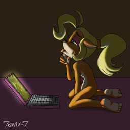 4_toes accessory adolescent anthro biped biting_own_finger black_eyebrows black_nose blonde_hair bodily_fluids breasts computer electronics eyebrows eyelashes feet female female_anthro fingering fingering_self fur genital_fluids green_eyes hair hair_accessory hair_tie half-closed_eyes humanoid_feet kneeling laptop lightened_soles long_hair looking_at_porn looking_down masturbation multicolored_body multicolored_fur narrowed_eyes nude nude_anthro nude_female orange_body orange_fur orange_hair_tie pink_eyelids plantigrade pornography side_view small_breasts snout soles solo toes two_tone_body two_tone_fur vaginal vaginal_fingering vaginal_fluids vaginal_masturbation white_body white_fur young young_anthro young_female travis-t activision crash_bandicoot_(series) coco_bandicoot bandicoot mammal marsupial 1:1 2019 signature