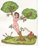 ambiguous_gender axe blue_eyes blush branch breasts brown_hair duo female feral fused_legs genitals hair melee_weapon navel nipples nude outside plant punishment pussy transformation tree tree_transformation weapon icaron human mammal rodent sciurid tree_squirrel 5:6 hi_res traditional_media_(artwork)