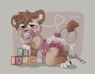 anthro bodily_fluids clothing diaper fart feces female genital_fluids pacifier pooping soiled_diaper soiling solo unclean_diaper urine used_diaper watersports wetting young young_anthro tigerakki felid lion mammal pantherine hi_res