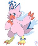 ambiguous_gender beak blue_eyes blue_markings claws eyelashes feathers gopnikdoge markings open_mouth pink_body pink_feathers ring semi-anthro solo toe_claws bandai_namco digimon avian biyomon digimon_(species)