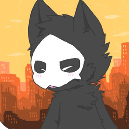 anthro black_body black_fur blush city daww fur male male_anthro mask smile solo sunset white_eyes young young_anthro chano changed_(video_game) puro_(changed) canid canine canis goo_creature mammal wolf 1:1 2018 digital_media_(artwork)