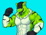 armpit_hair blush body_hair clothing dark_tongue fur gloves green_hair hair handwear hat headgear headwear male muscular muscular_male shirtless shirtless_male solo white_body white_fur dynogreeno hybrid unknown_species hi_res