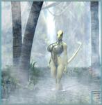 2006 3d_(artwork) anthro breasts clothing digital_media_(artwork) dinosaur dromaeosaurid female fog forest green_body green_scales jungle nipples non-mammal_breasts one-piece_swimsuit plant reptile scales scalie solo swimwear terminvs_est theropod tree velociraptor water waterfall