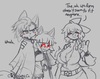 :3 :3c anthro belt big_breasts blush breasts chest_tuft cleavage clothed clothed_anthro clothed_female clothing eyewear female glasses group heart_symbol jewelry looking_at_breasts necklace open_:3 text trio tuft caeleste aura_(caeleste) cardinal_(caeleste) ocelot_(caeleste) felid feline mammal 2025 english_text greyscale hi_res monochrome