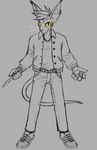 anthro belt bottomwear butterfly_knife button_(fastener) clothed clothing ear_piercing ear_ring front_view hair jacket knife looking_at_viewer male mouth_closed pants piercing pupils ring_piercing short_hair simple_background slit_pupils solo standing striped_neck topwear unsigned whiskers acidic cid_(acidic) felid mammal full-length_portrait partially_colored portrait