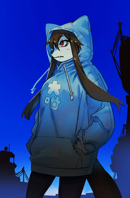 anthro black_hair breasts clothing cute_fangs fangs female female_anthro fur furgonomics hair hand_in_pocket hoodie kemono leggings legwear long_hair night pink_eyes pockets silhouette silhouette_background solo tail teeth text text_on_clothing topwear white_body white_fur wanda_yu okami-san_(wanda_yu) canid canine canis mammal wolf 2024 digital_media_(artwork) hi_res japanese_text portrait three-quarter_portrait translated